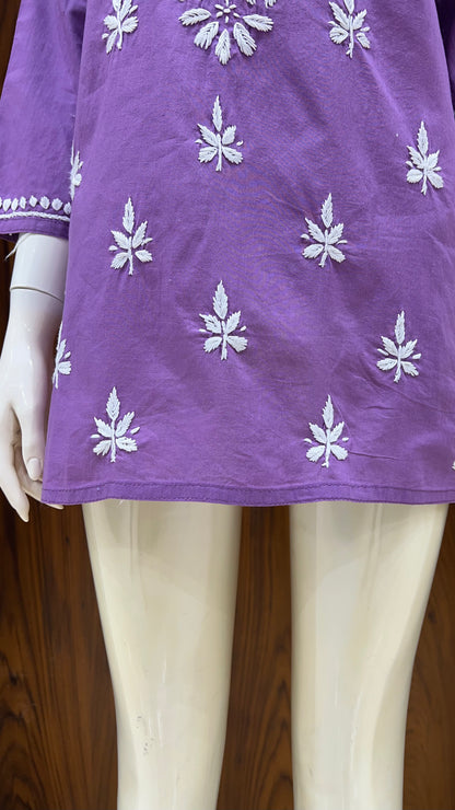 Royal Purple Floral Embroidered Straight Kurti with 3/4th Sleeves