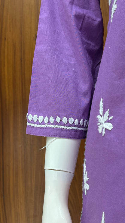 Royal Purple Floral Embroidered Straight Kurti with 3/4th Sleeves