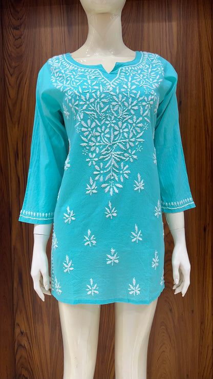 Aque blue Floral Embroidered Straight Kurti with 3/4th Sleeves