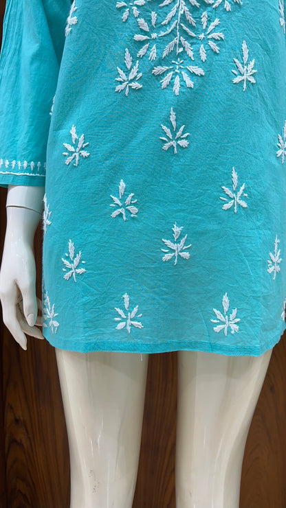 Aque blue Floral Embroidered Straight Kurti with 3/4th Sleeves