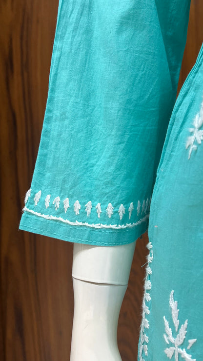 Aque blue Floral Embroidered Straight Kurti with 3/4th Sleeves