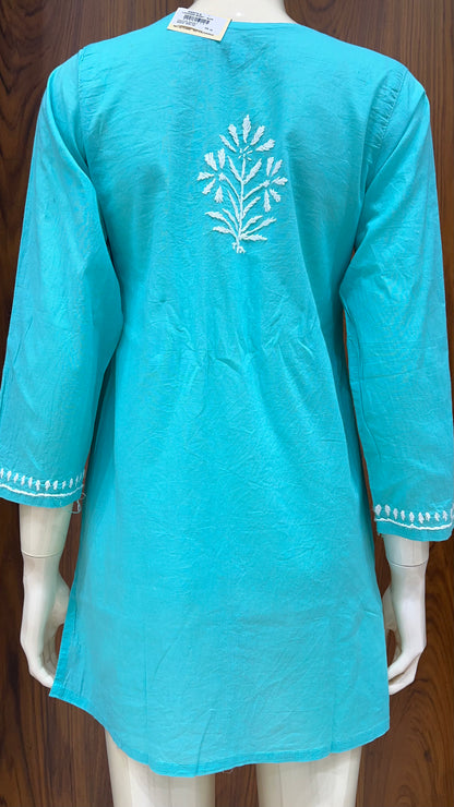 Aque blue Floral Embroidered Straight Kurti with 3/4th Sleeves