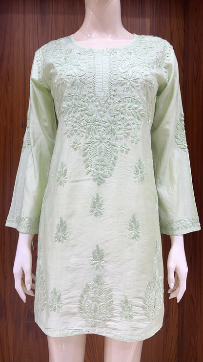 Light Green Self-Embroidered Kurti in Glossy Finish with Full Front Floral Detailing