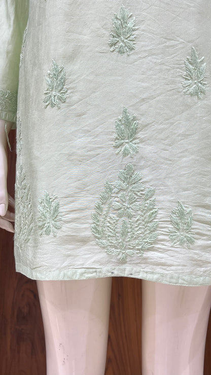 Light Green Self-Embroidered Kurti in Glossy Finish with Full Front Floral Detailing