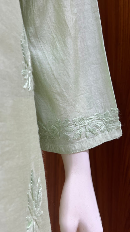 Light Green Self-Embroidered Kurti in Glossy Finish with Full Front Floral Detailing