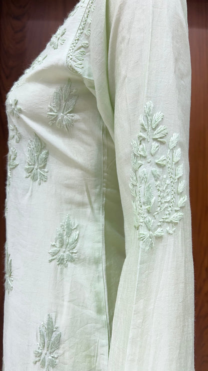 Light Green Self-Embroidered Kurti in Glossy Finish with Full Front Floral Detailing