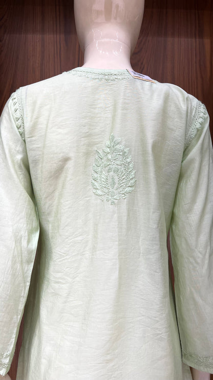 Light Green Self-Embroidered Kurti in Glossy Finish with Full Front Floral Detailing