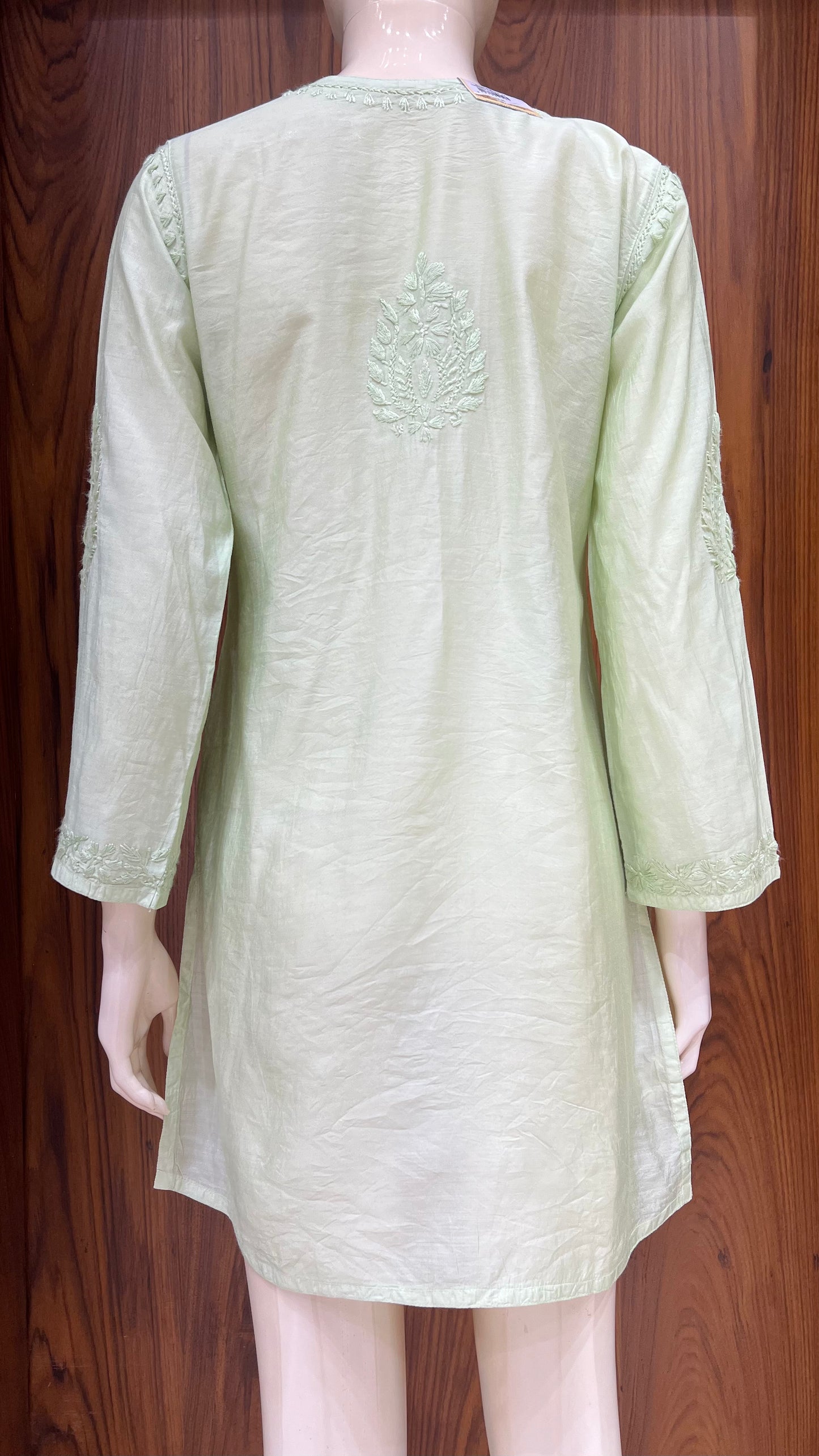 Light Green Self-Embroidered Kurti in Glossy Finish with Full Front Floral Detailing