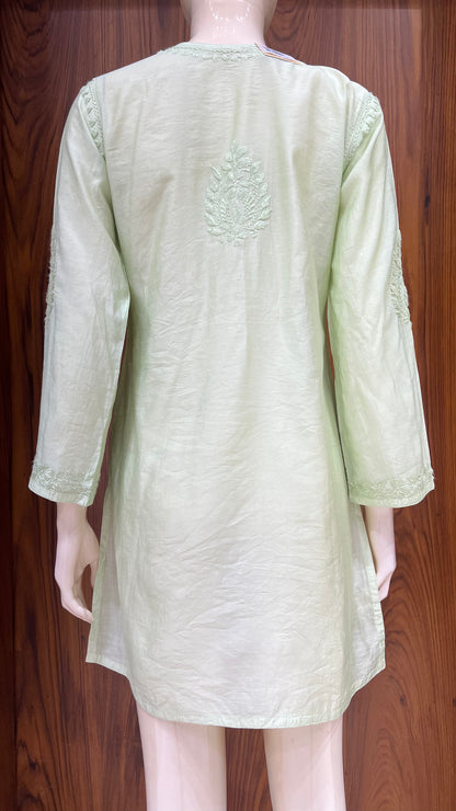 Light Green Self-Embroidered Kurti in Glossy Finish with Full Front Floral Detailing