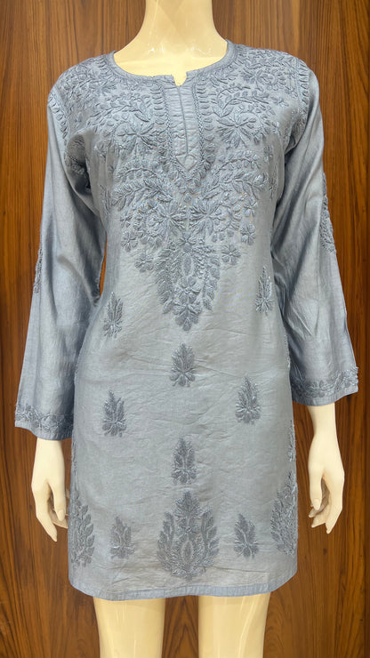 Elegant Grey Tone-on-Tone Self-Embroidered Kurti with Full Sleeves