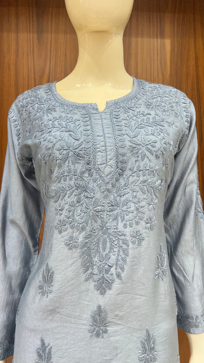 Elegant Grey Tone-on-Tone Self-Embroidered Kurti with Full Sleeves