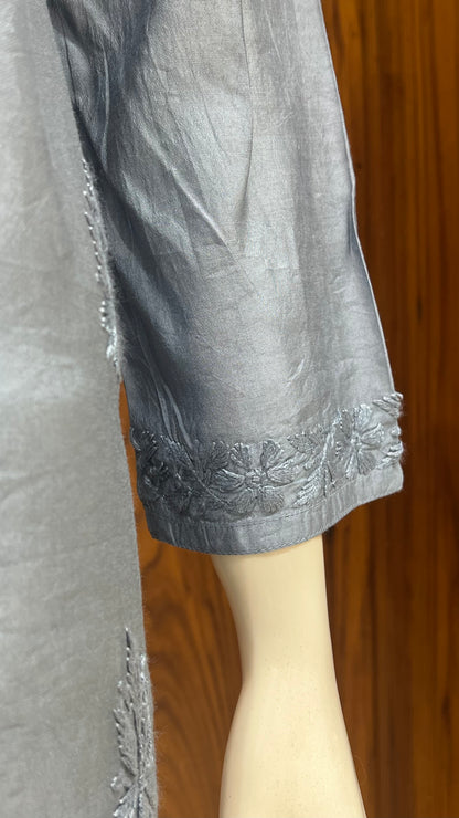 Elegant Grey Tone-on-Tone Self-Embroidered Kurti with Full Sleeves