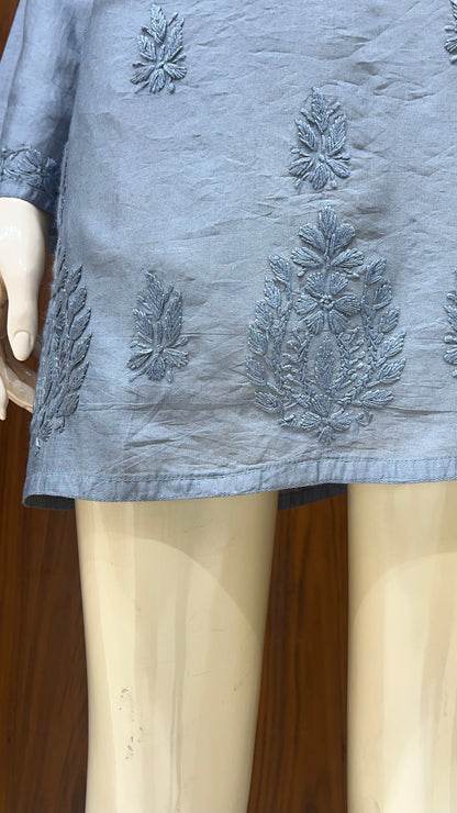 Elegant Grey Tone-on-Tone Self-Embroidered Kurti with Full Sleeves