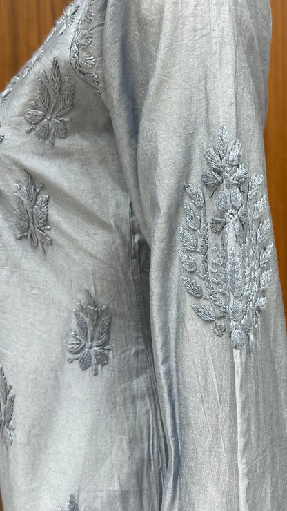 Elegant Grey Tone-on-Tone Self-Embroidered Kurti with Full Sleeves