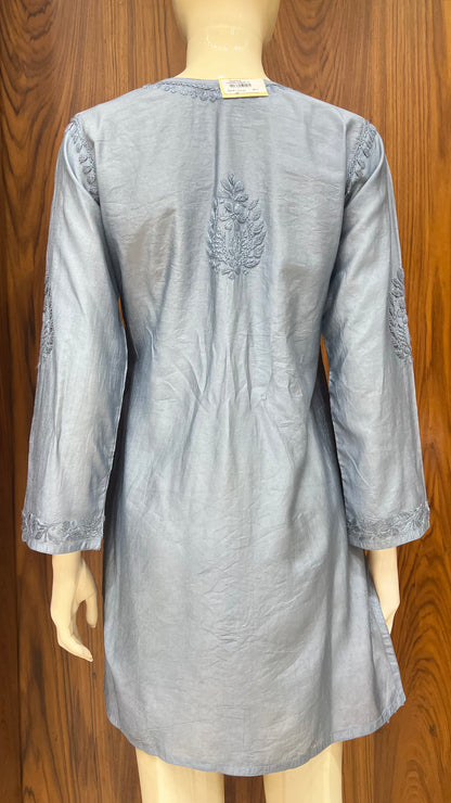 Elegant Grey Tone-on-Tone Self-Embroidered Kurti with Full Sleeves