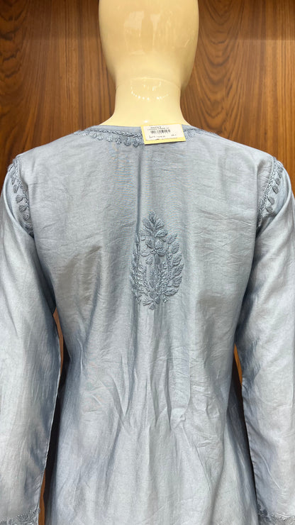 Elegant Grey Tone-on-Tone Self-Embroidered Kurti with Full Sleeves