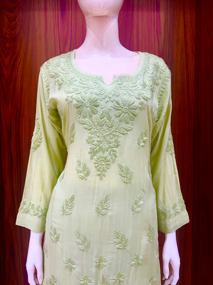 Pastel Green Self-Embroidered Kurta Set with Floral Motifs