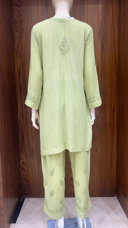 Pastel Green Self-Embroidered Kurta Set with Floral Motifs