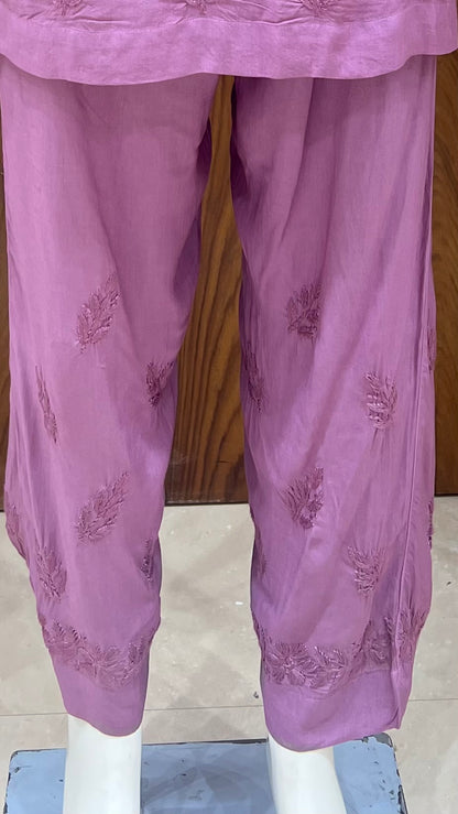 Mauve Self-Embroidered Kurta Set with Floral Detailing