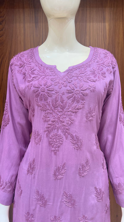 Mauve Self-Embroidered Kurta Set with Floral Detailing