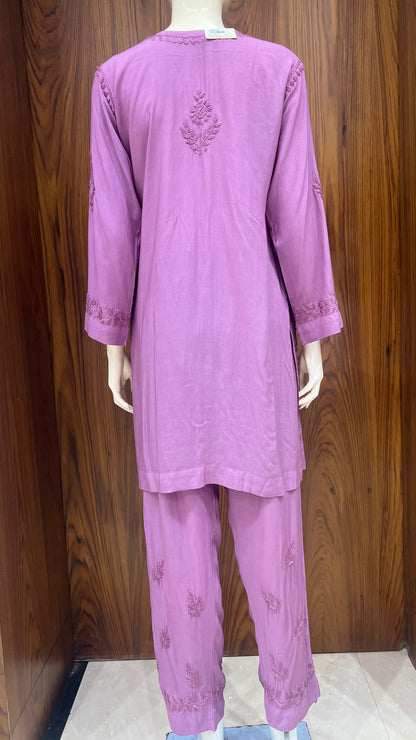 Mauve Self-Embroidered Kurta Set with Floral Detailing