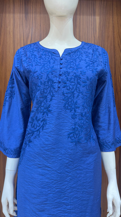 Royal Blue Self-Embroidered Kurta Set with Floral Detailing