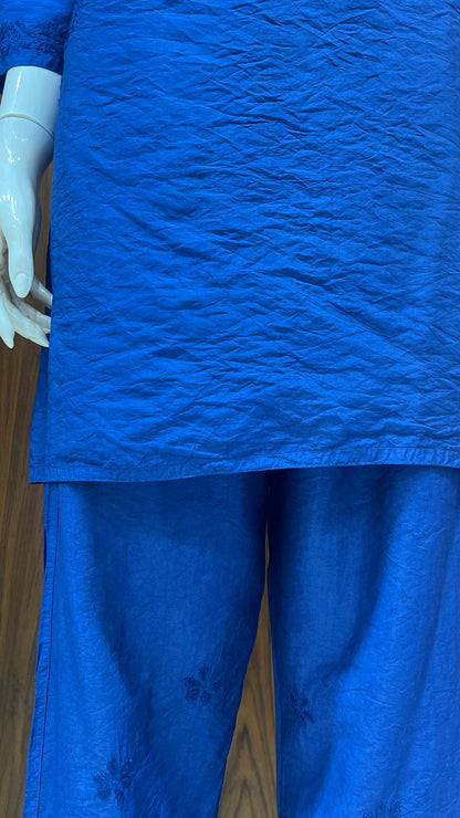 Royal Blue Self-Embroidered Kurta Set with Floral Detailing