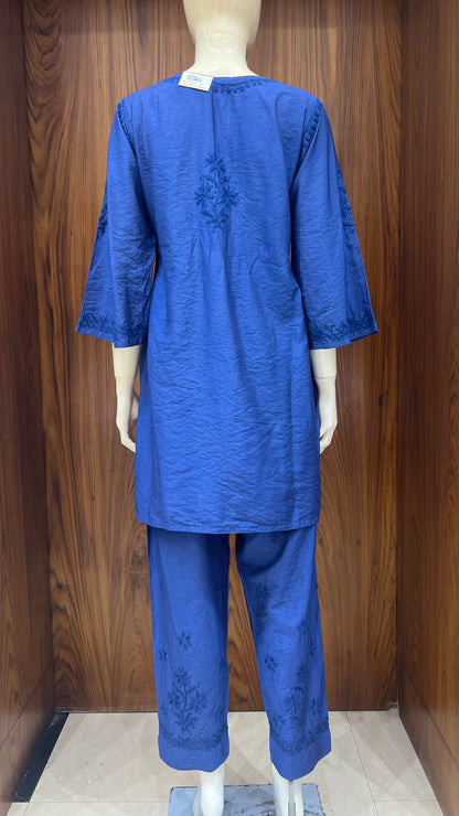 Royal Blue Self-Embroidered Kurta Set with Floral Detailing