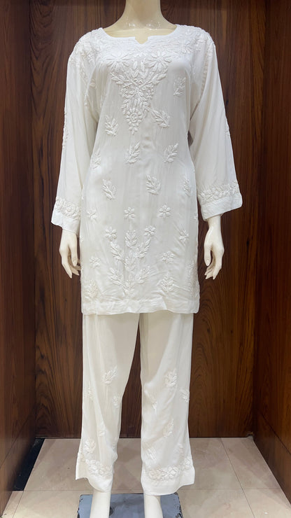 Off-White Self-Embroidered Co-ord Set with Floral Detailing