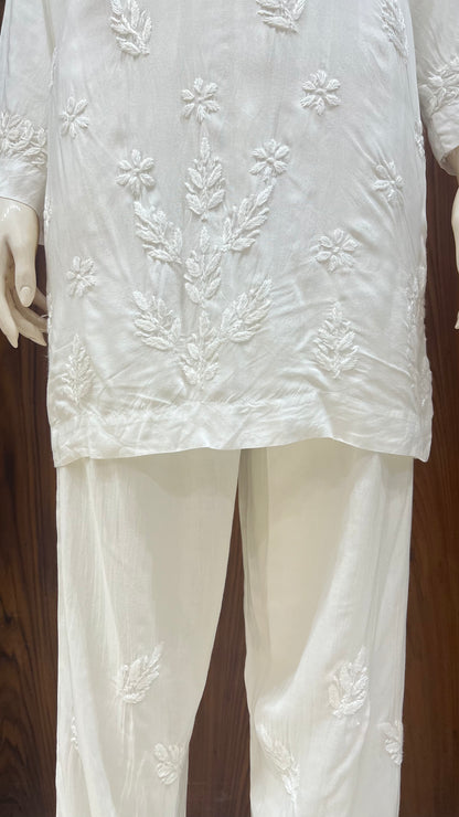 Off-White Self-Embroidered Co-ord Set with Floral Detailing