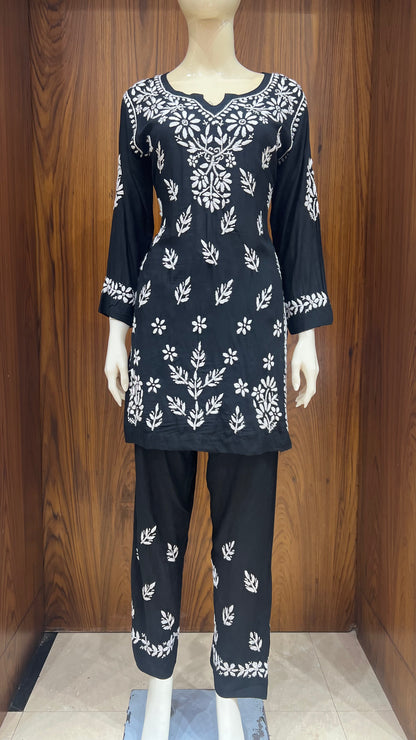 Black Co-ord Set with White Floral Embroidery and Straight Pants