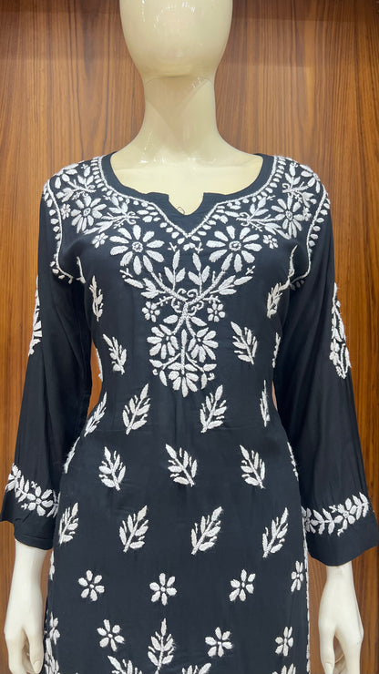 Black Co-ord Set with White Floral Embroidery and Straight Pants