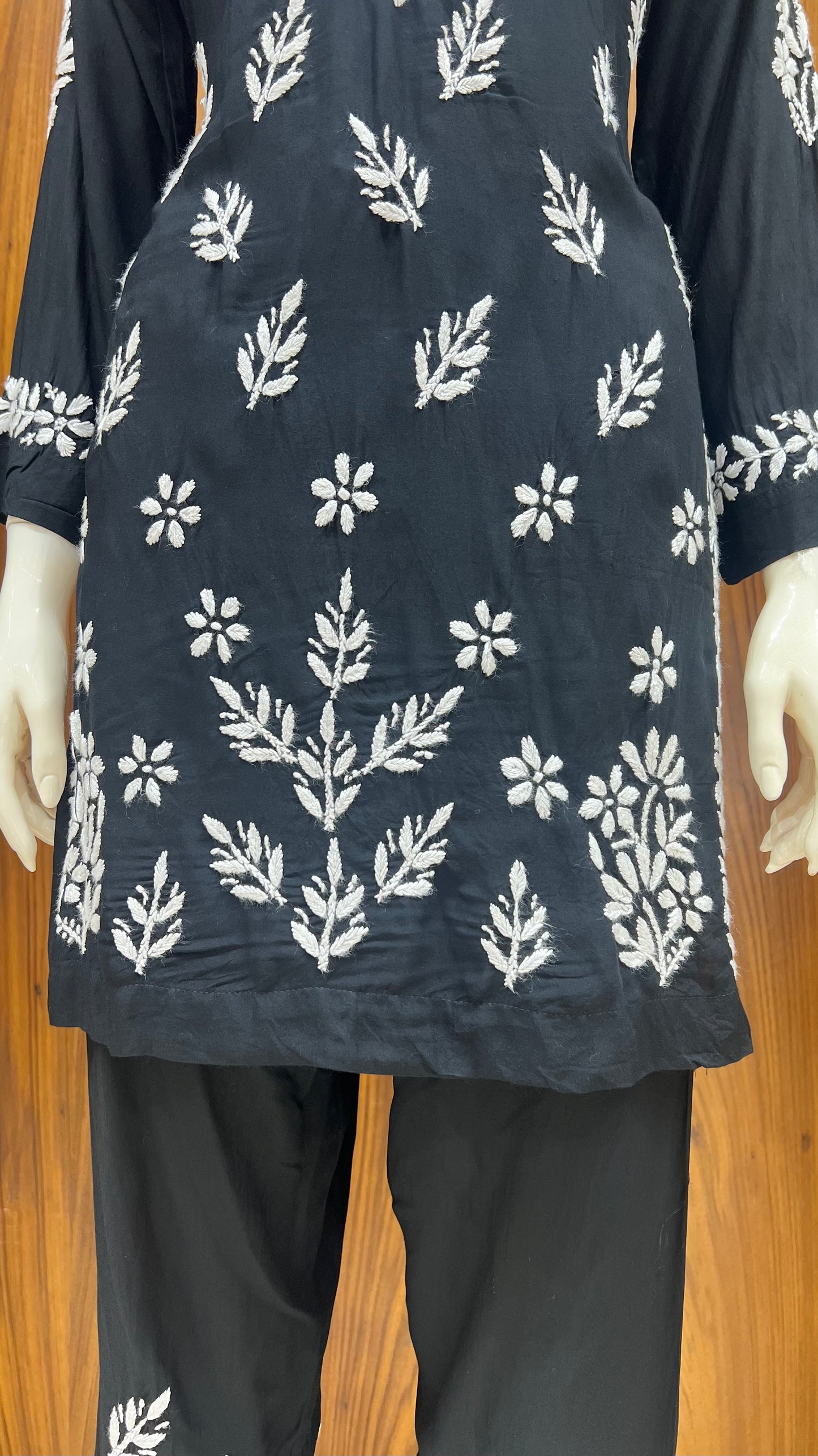 Black Co-ord Set with White Floral Embroidery and Straight Pants