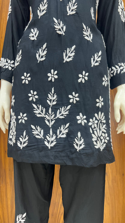 Black Co-ord Set with White Floral Embroidery and Straight Pants