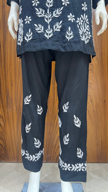 Black Co-ord Set with White Floral Embroidery and Straight Pants