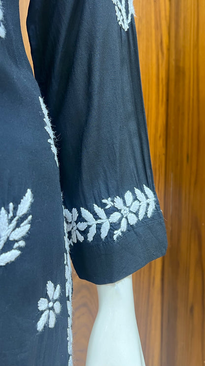 Black Co-ord Set with White Floral Embroidery and Straight Pants