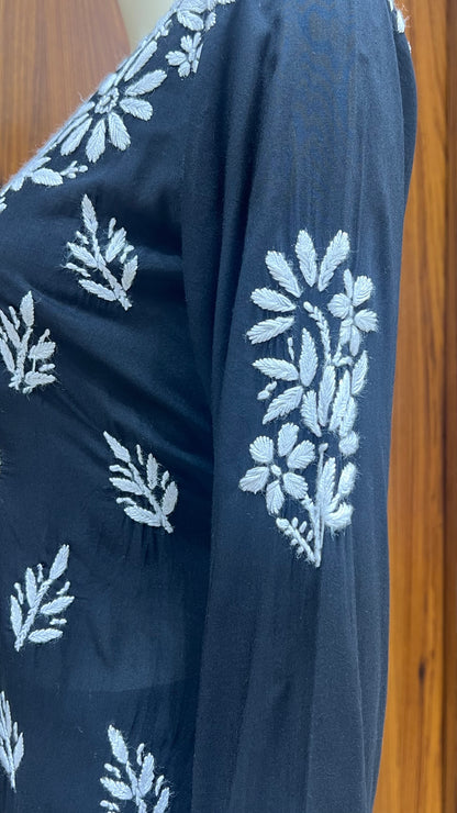 Black Co-ord Set with White Floral Embroidery and Straight Pants