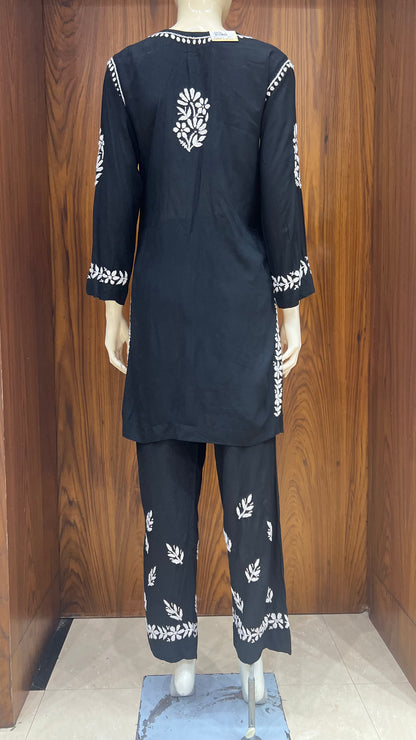 Black Co-ord Set with White Floral Embroidery and Straight Pants