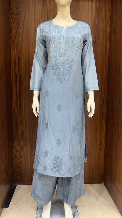Grey Floral Embroidered Kurta Set