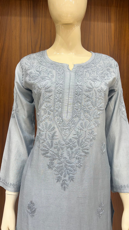 Grey Floral Embroidered Kurta Set