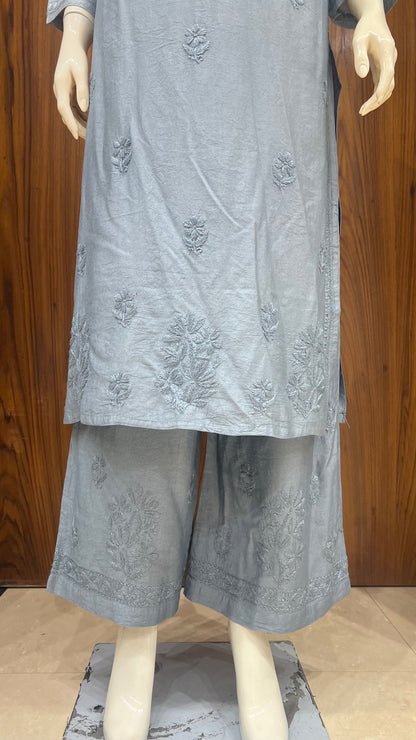 Grey Floral Embroidered Kurta Set