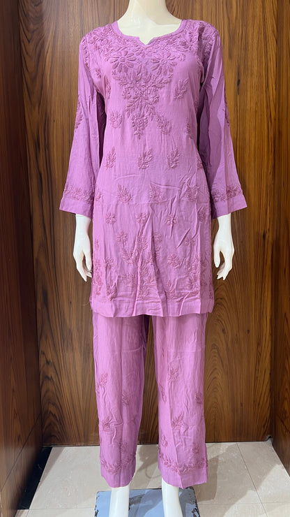 Mauve Self-Embroidered Kurta Set with Floral Detailing