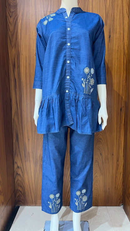 "Denim Dandelion" - Embroidered Denim Peplum Co-ord Set