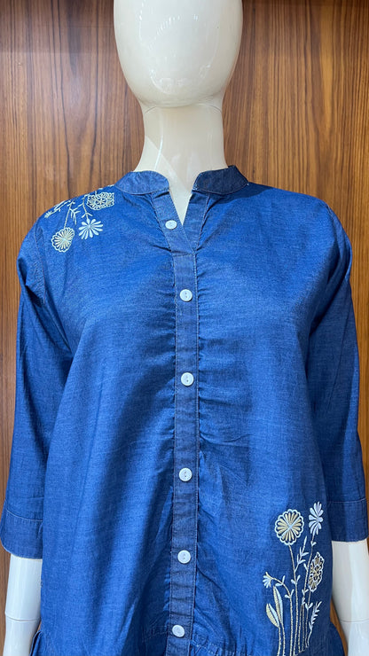 "Denim Dandelion" - Embroidered Denim Peplum Co-ord Set