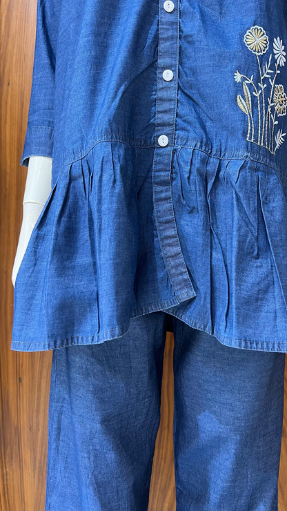 "Denim Dandelion" - Embroidered Denim Peplum Co-ord Set