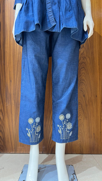 "Denim Dandelion" - Embroidered Denim Peplum Co-ord Set