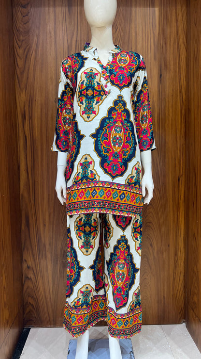 Ivory Multi-Colored Mughal Motif Co-ord Set with Border Detailing