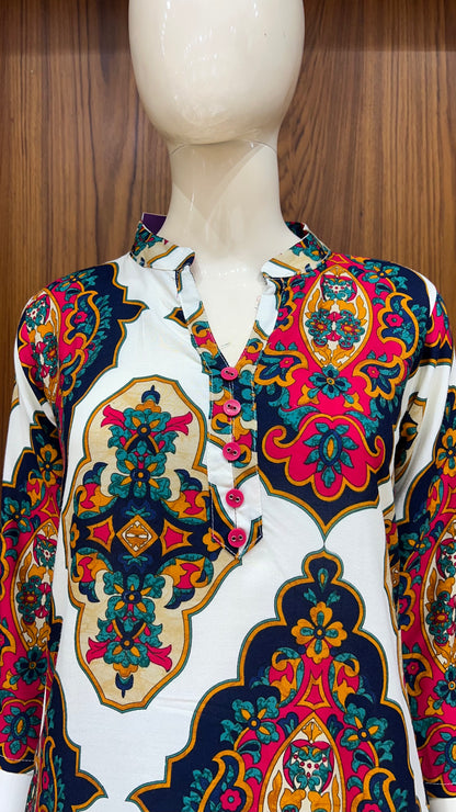 Ivory Multi-Colored Mughal Motif Co-ord Set with Border Detailing