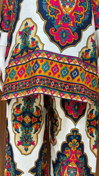 Ivory Multi-Colored Mughal Motif Co-ord Set with Border Detailing