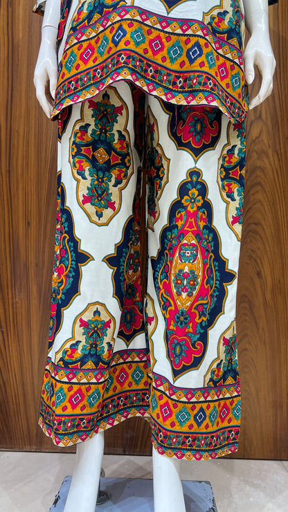 Ivory Multi-Colored Mughal Motif Co-ord Set with Border Detailing